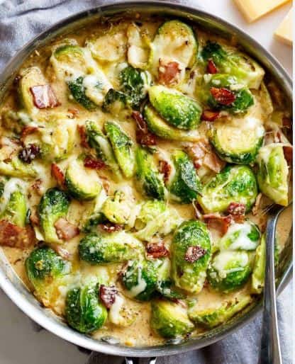 creamy garlic parmesan brussels sprouts with bacon