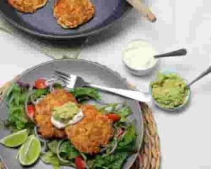 Keto chicken fritters and Avocado tzatziki